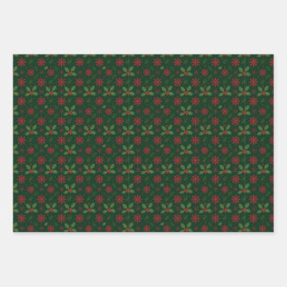 Christmas Holly & Red Snowflake Pattern Wrapping Paper Sheet