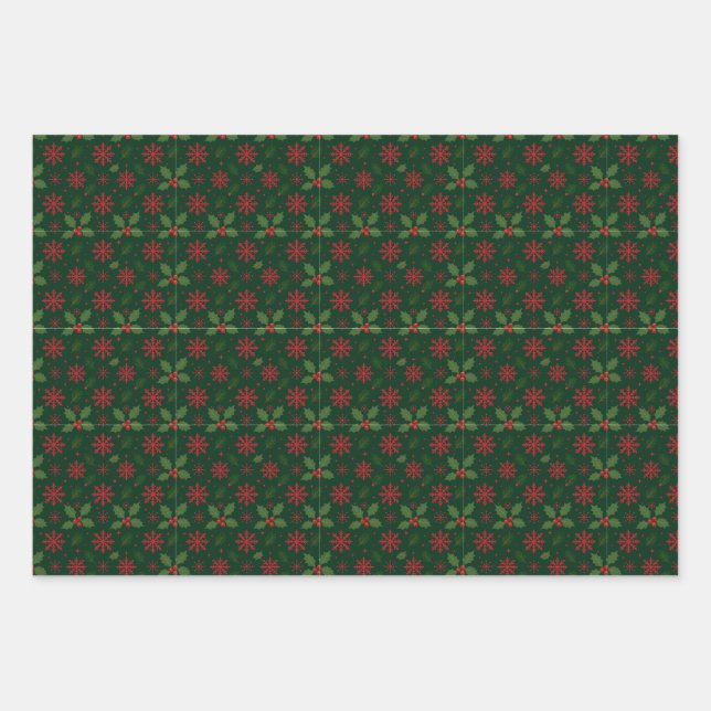 Christmas Holly & Red Snowflake Pattern Wrapping Paper Sheet (Front)