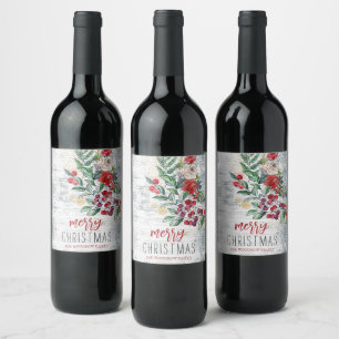 Christmas Holly Rustic Wood Holiday  Wine Label