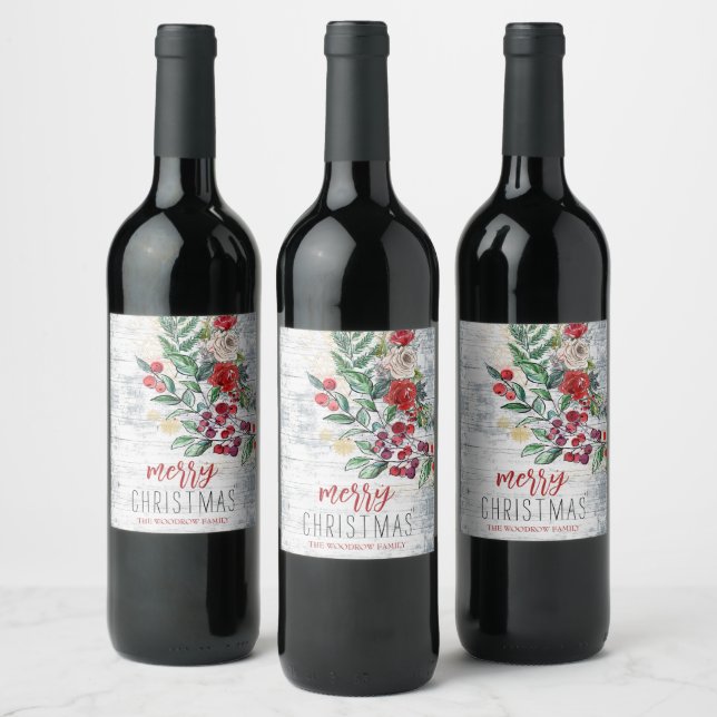 Christmas Holly Rustic Wood Holiday  Wine Label (Bottles)