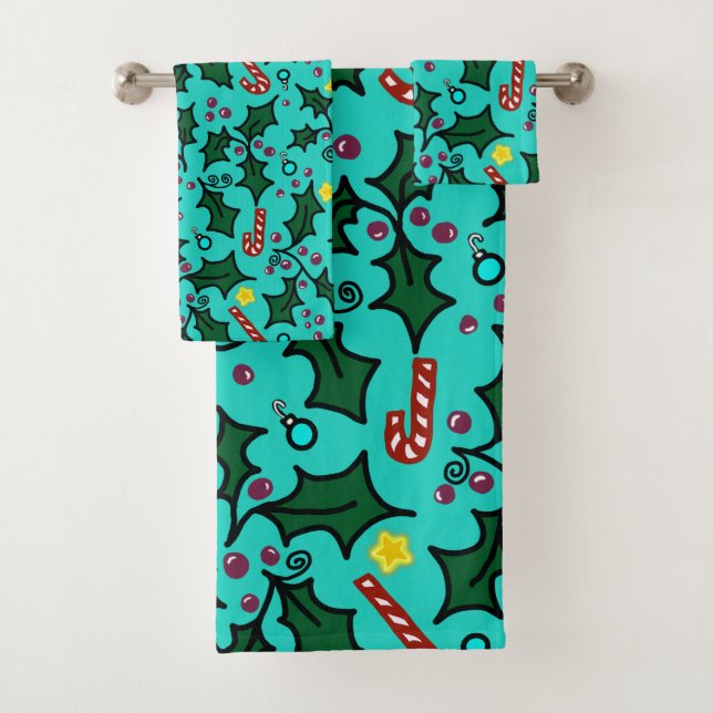 Christmas Holly Seamless Pattern Bath Towel Set (Insitu)