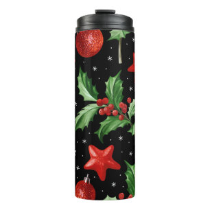 Christmas Holly Snow Stars Seamless Thermal Tumbler