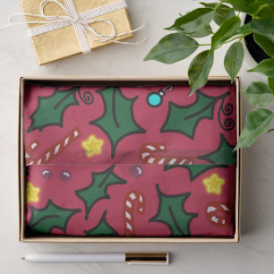 Christmas Holly Stars and Candy Canes Pattern Tissue Paper