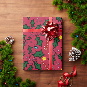 Christmas Holly Stars and Candy Canes Pattern Wrapping Paper
