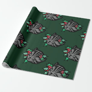 Christmas Holly Tiger Stripe Tabby Cat Xmas        Wrapping Paper