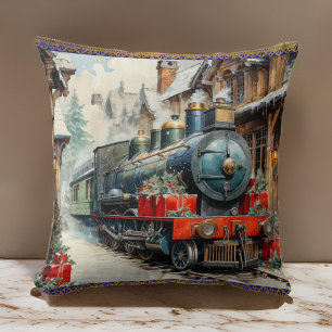 Christmas Holly Train Winter Snow Cushion