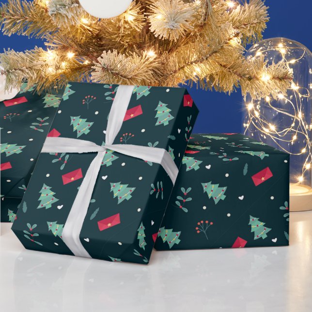 Christmas Holly, Trees and Hearts Wrapping Paper (Holidays)