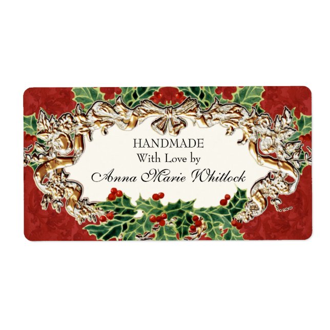 Christmas Holly w Gold Look Ribbon Damask Kitchen (Front)