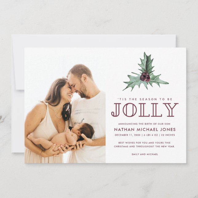 Christmas Holly Watercolor Baby Photo Birth Holiday Card (Front)