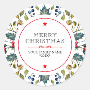 Christmas holly watercolors illustration classic round sticker