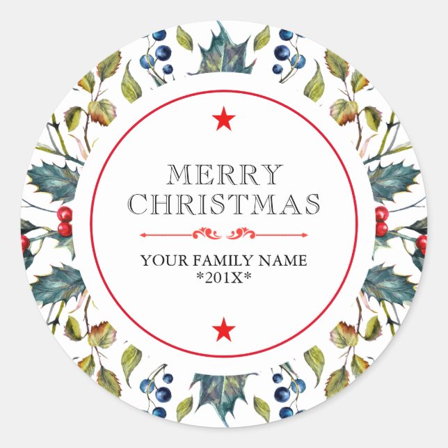 Christmas holly watercolors illustration classic round sticker (Front)