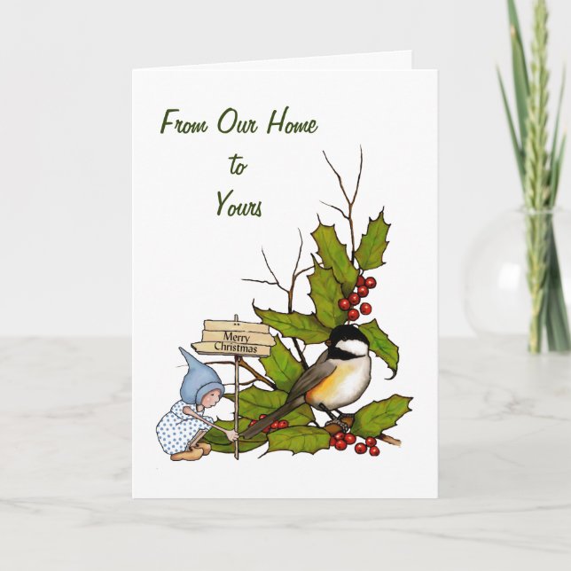 Christmas Holly with Gnome, Chickadee Bird, Art Holiday Card (Front)