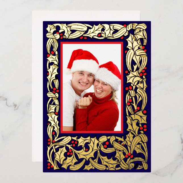 Christmas Holly With Red Berries Border Photo Foil Holiday Card (Front/Back)