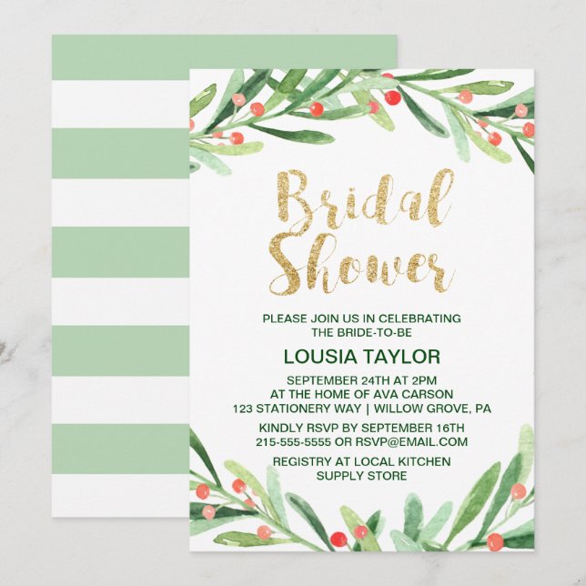 Christmas Holly Wreath Bridal Shower Invitation (Front/Back)