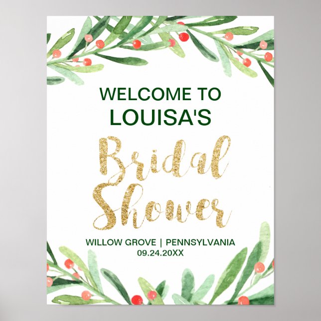 Christmas Holly Wreath Bridal Shower Welcome Poster (Front)