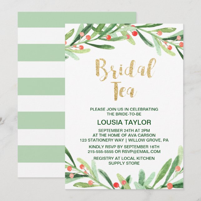Christmas Holly Wreath Bridal Tea Invitation (Front/Back)