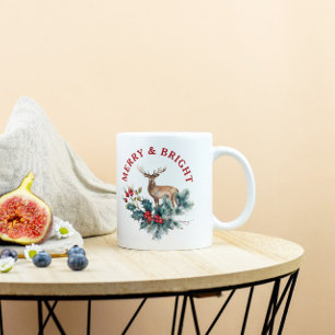 Christmas holly wreath & brown deer Two-Tone coffee mug
