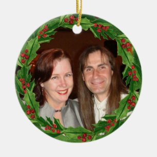 Christmas Holly Wreath Custom Photo Ceramic Tree Decoration