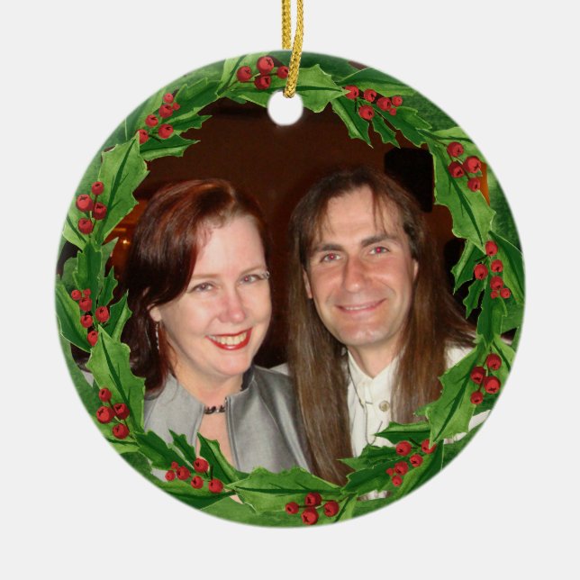 Christmas Holly Wreath Custom Photo Ceramic Tree Decoration (Front)