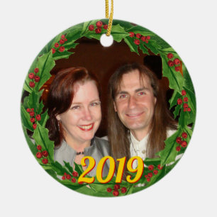 Christmas Holly Wreath Custom Photo Ceramic Tree Decoration