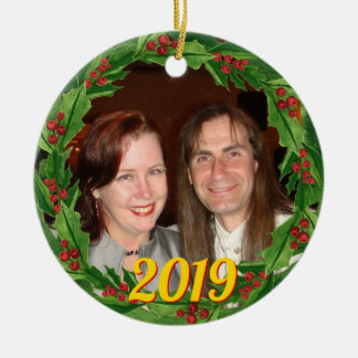 Christmas Holly Wreath Custom Photo Ceramic Tree Decoration