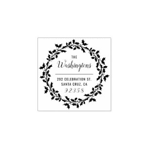 Christmas Holly Wreath Family Name Return Address Rubber Stamp