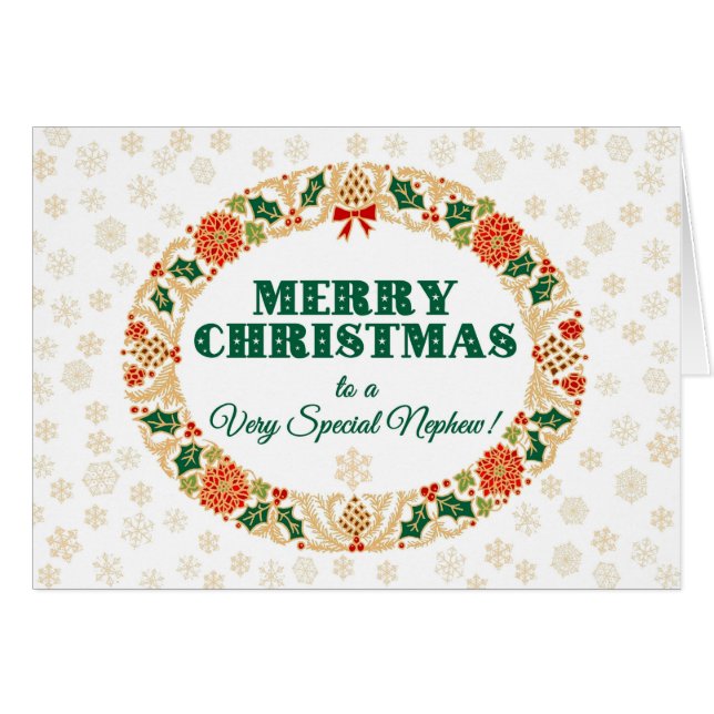 Christmas Holly Wreath, for Nephew, Snowflakes (Front Horizontal)