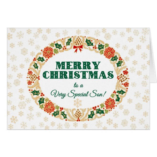 Christmas Holly Wreath, for Son, Snowflakes (Front Horizontal)