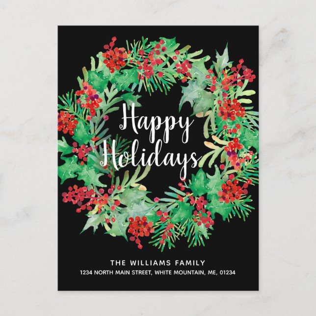 Christmas Holly Wreath Happy Holidays Black Moving Announcement Postcard (Front)