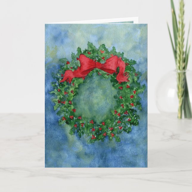 Christmas Holly Wreath Holiday Card (Front)