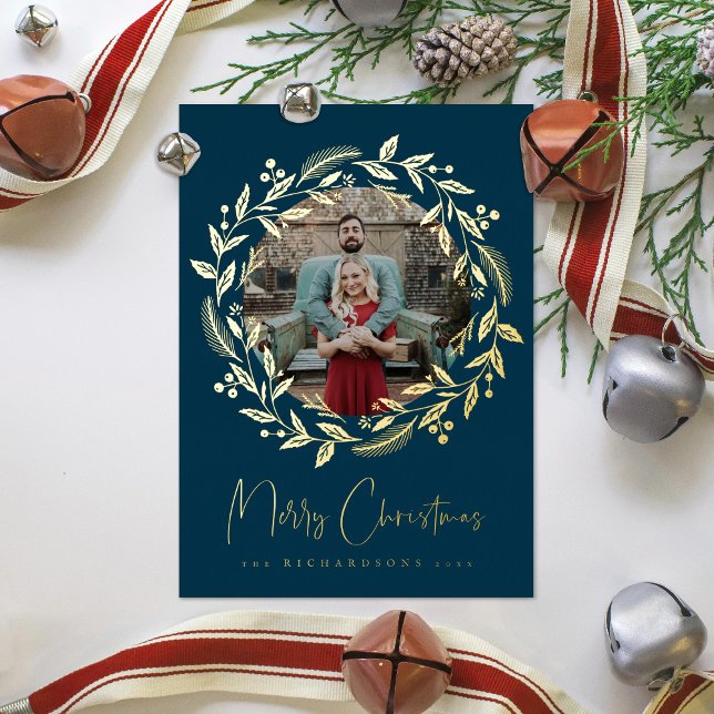 Christmas Holly Wreath Holiday Photo Foil Card (Creator Uploaded)