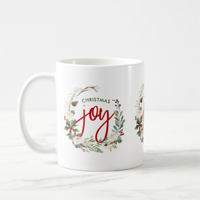 Christmas Holly wreath Joy Typography Coffee Mug (Left)