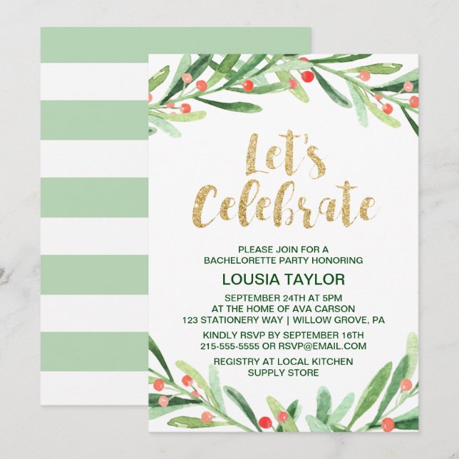 Christmas Holly Wreath Let's Celebrate Invitation (Front/Back)
