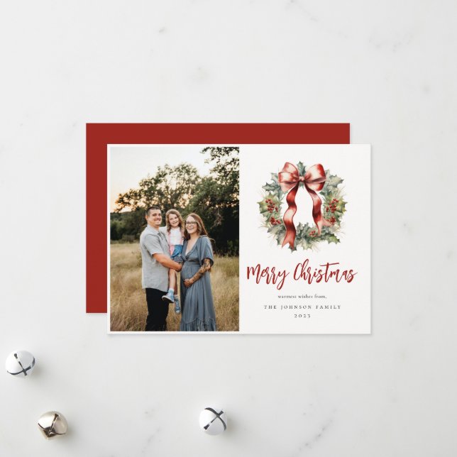 Christmas Holly Wreath Photo Holiday Card (Front/Back In Situ)