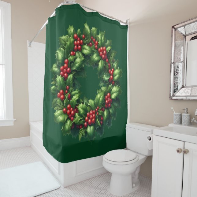 Christmas Holly Wreath Shower Curtain (In Situ)