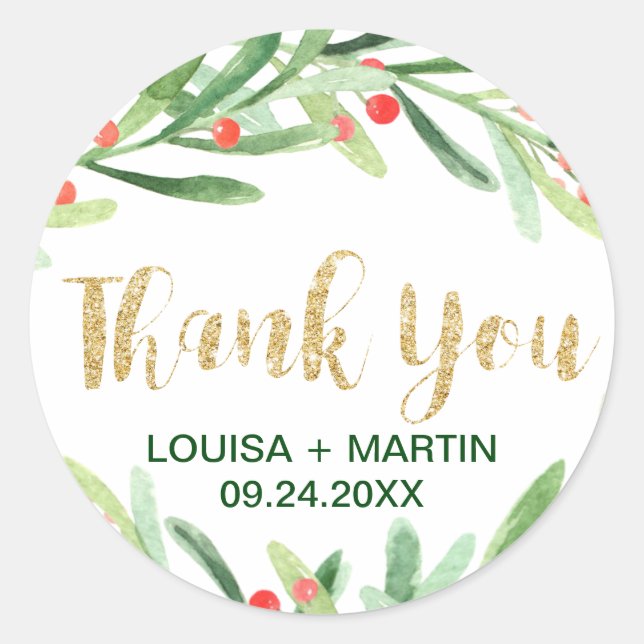 Christmas Holly Wreath Thank You Favour Classic Round Sticker (Front)