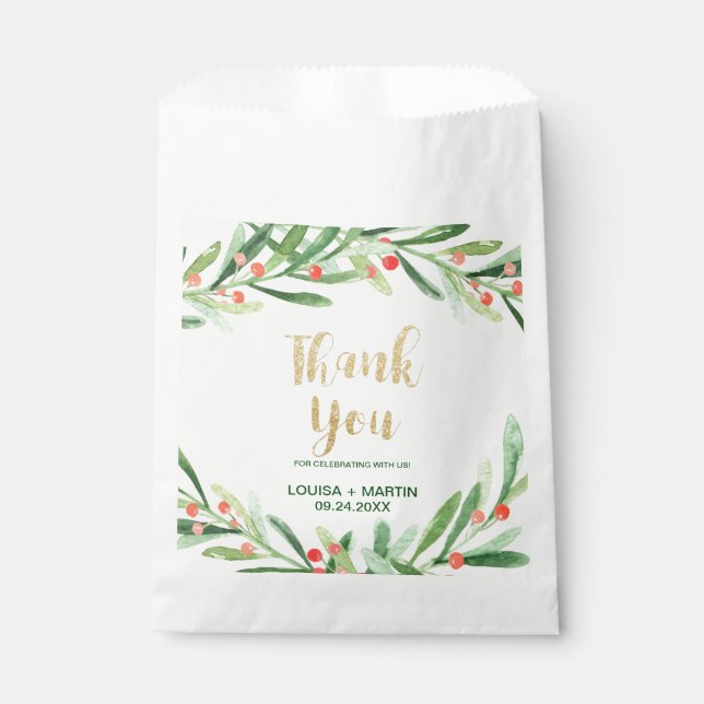 Christmas Holly Wreath Thank You Wedding Favour Bags (Front)