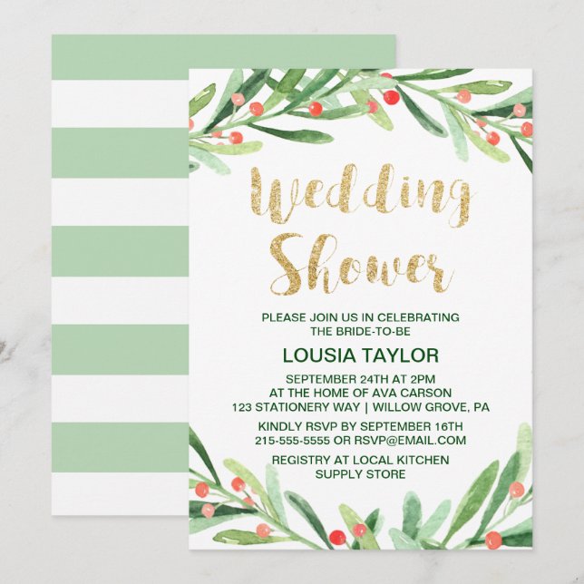 Christmas Holly Wreath Wedding Shower Invitation (Front/Back)