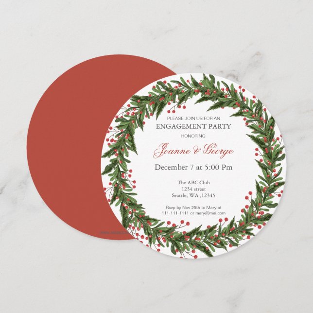 Christmas Holly Wreath Winter Engagement Party Invitation (Front/Back)