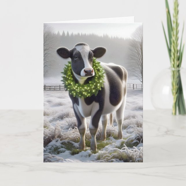 Christmas Holstein Cow Wearing Holiday Wreath Card (Front)