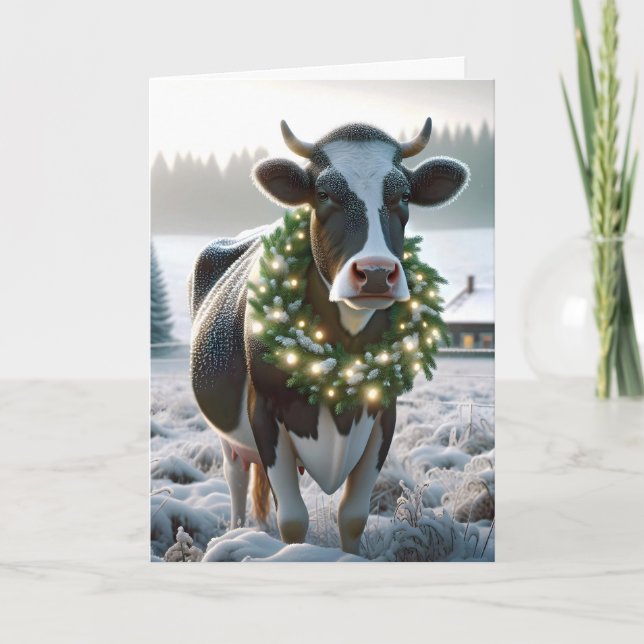 Christmas Holstein Cow With Glowing Wreath Holiday Card (Front)