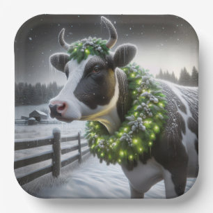 Christmas Holstein Cow With Glowing Wreath Paper Plate