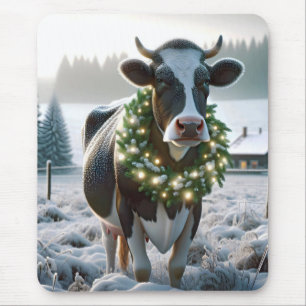 Christmas Holstein Cow With Wreath Mouse Mat