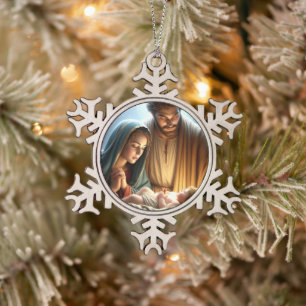 Christmas Holy Family Snowflake Pewter Christmas Ornament