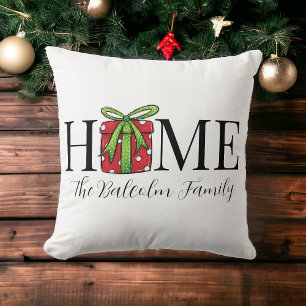 Christmas Home Red Present Family Name Cushion