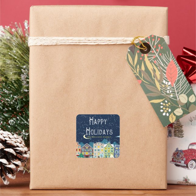 Christmas home snow night happy holiday Monogram Square Sticker (Holiday)