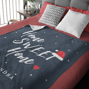 Christmas home sweet home Santa hat custom name Fleece Blanket