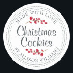 Christmas Homemade Cookies Jar Label<br><div class="desc">Rustic and modern homemade Christmas cookies jar sticker with the text made with love, homemade Christmas cookies and your name in modern script on a white background with a stylish touch of cranberries. Simply add your name and the product name to the label. Exclusively designed for you by Happy Dolphin...</div>