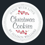 Christmas Homemade Cookies Jar Label<br><div class="desc">Rustic and modern homemade Christmas cookies jar sticker with the text made with love, homemade Christmas cookies and your name in modern script on a white background with a stylish touch of cranberries. Simply add your name and the product name to the label. Exclusively designed for you by Happy Dolphin...</div>