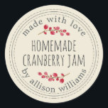 Christmas Homemade Cranberry Jam Antique White Classic Round Sticker<br><div class="desc">Rustic and modern homemade Christmas jam canning cranberry jam jar sticker with the text made with love, homemade cranberry jam and your name in modern stylish script typography on an antique white background with a stylish touch of cranberries. Simply add your name and the product name to the label. Exclusively...</div>